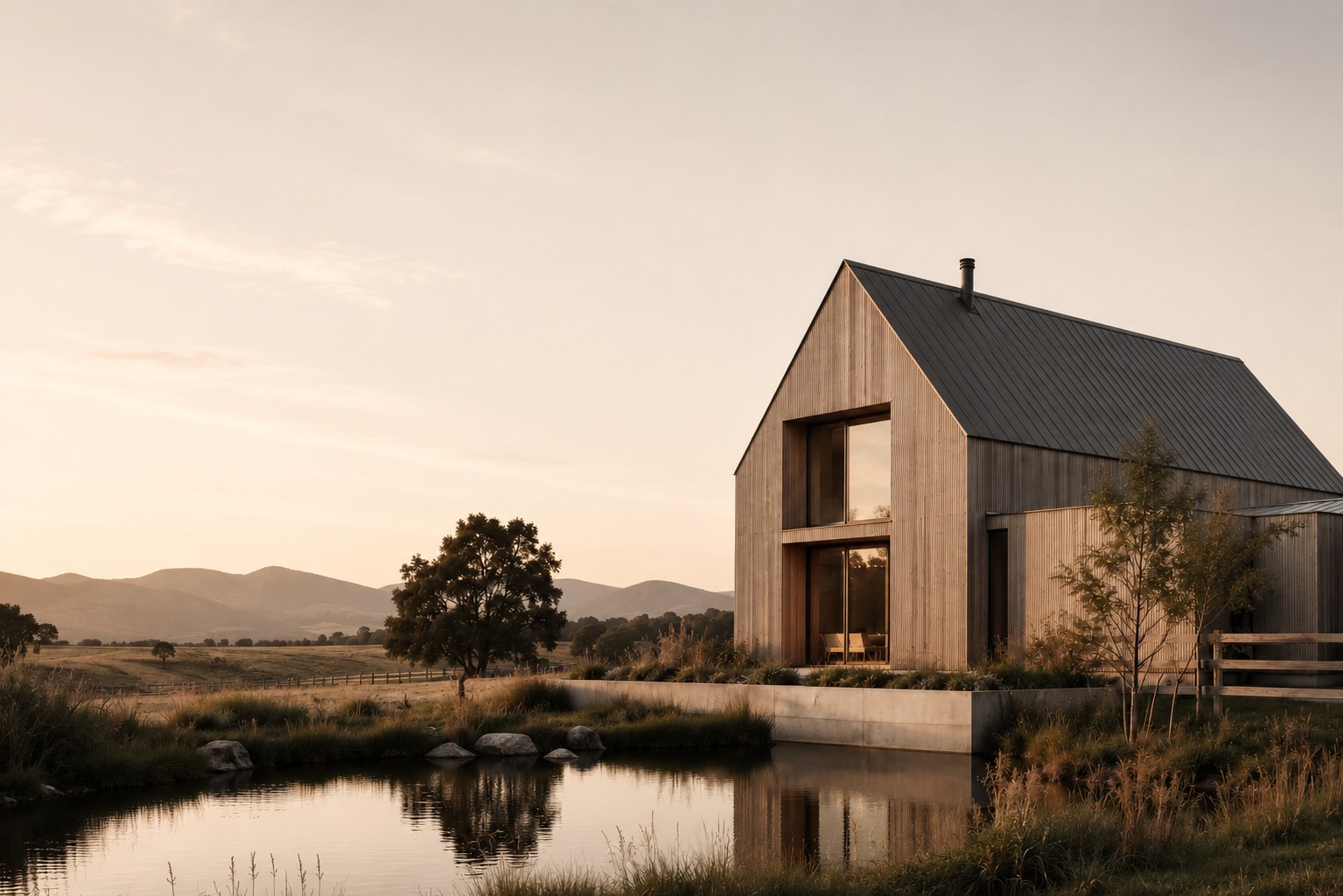 Country Home beside a pond at golden hour