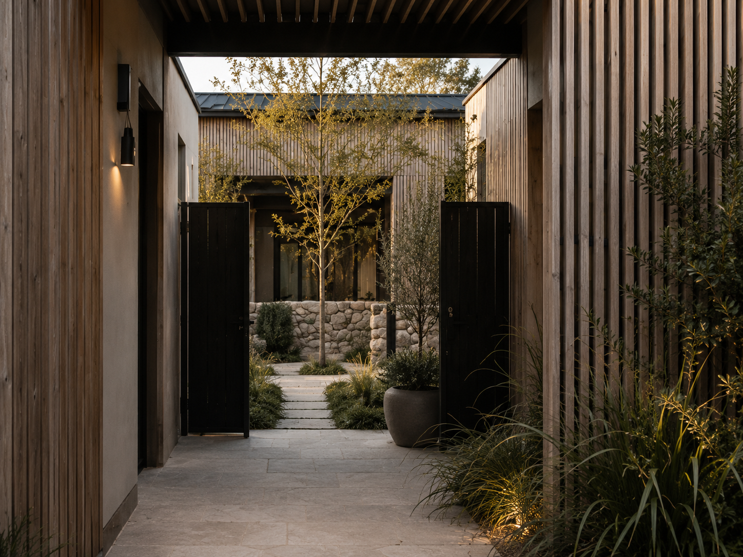 Sheltered courtyard and landscaped passage between townhouses