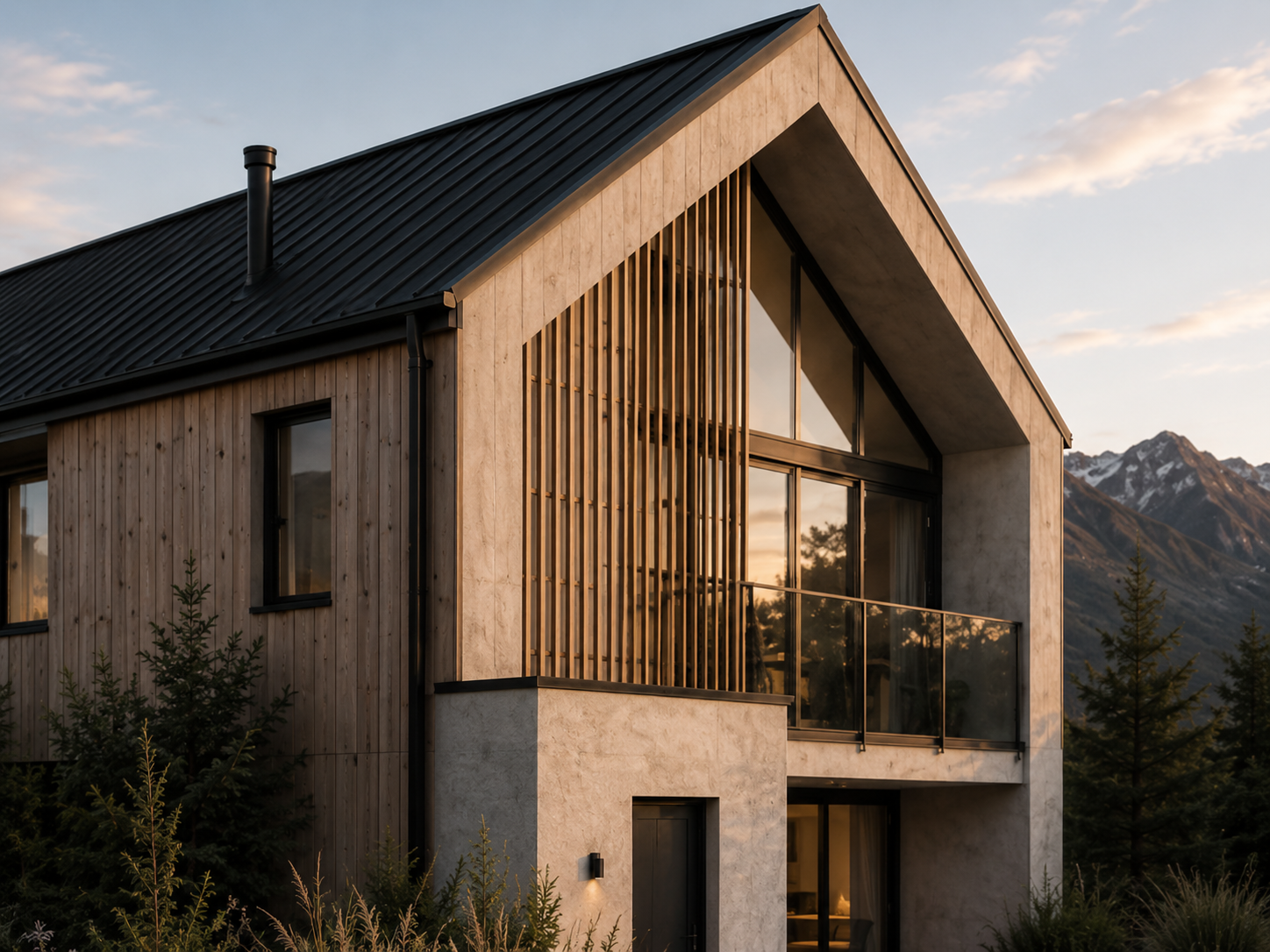 Country Townhouses gabled facade and balcony detail