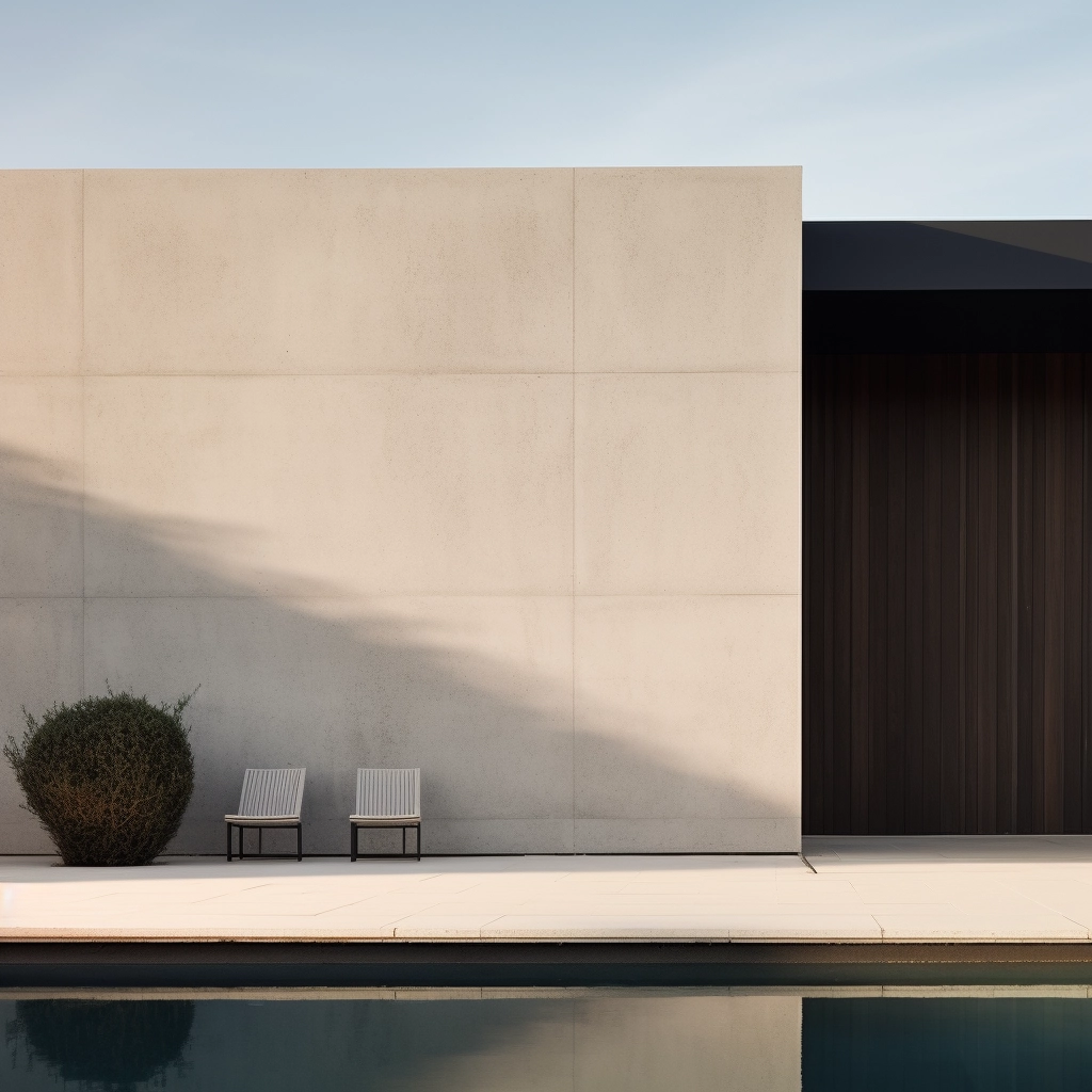 Pale concrete wall and poolside seating