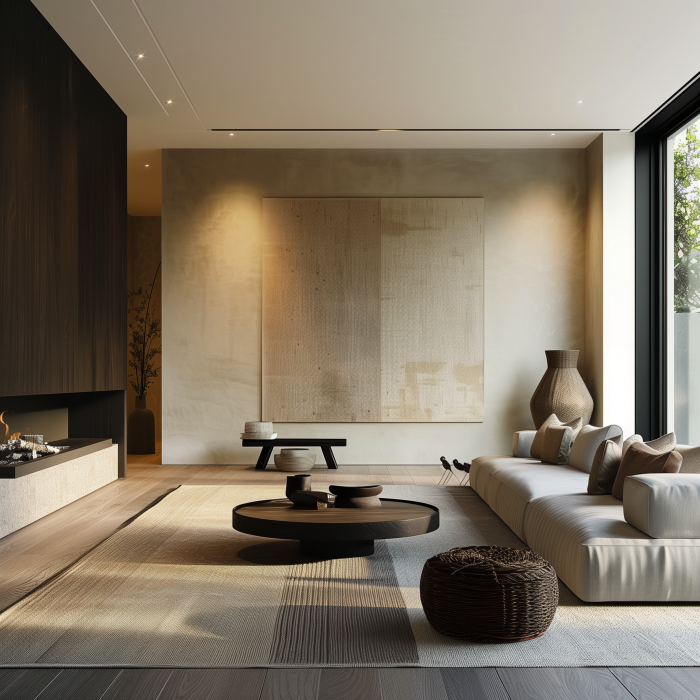 Warm neutral living room with sculptural furnishings