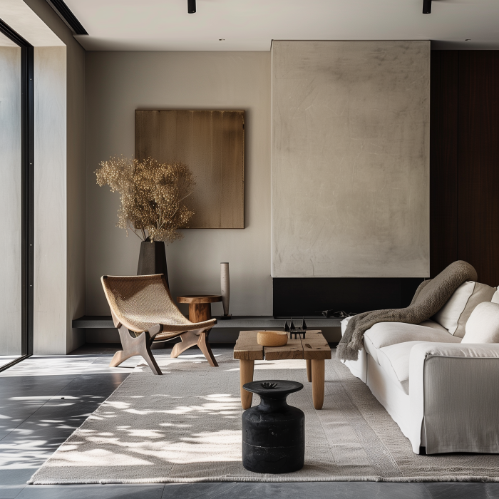 Living room with textured fireplace