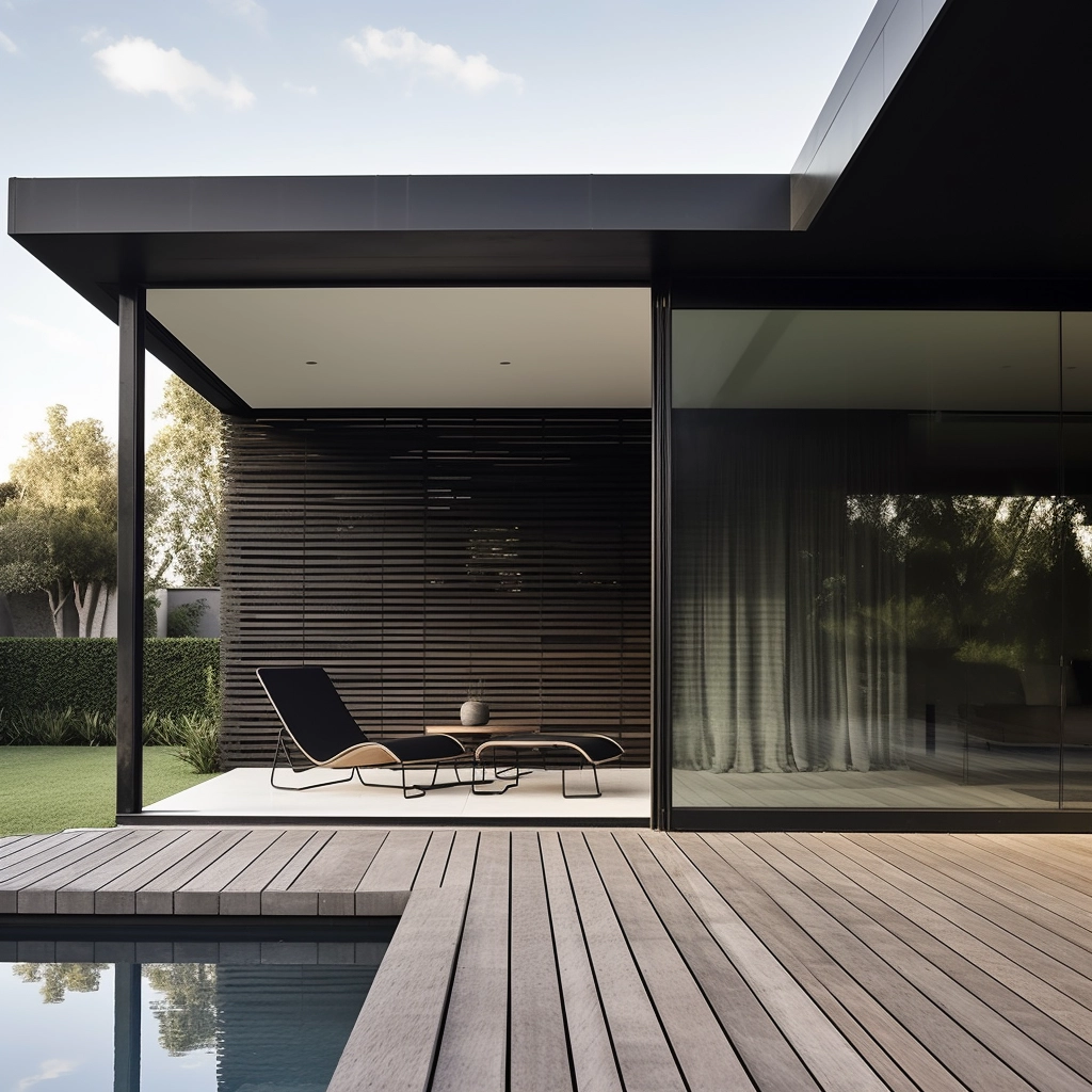Pavilion House poolside exterior with glazed living spaces