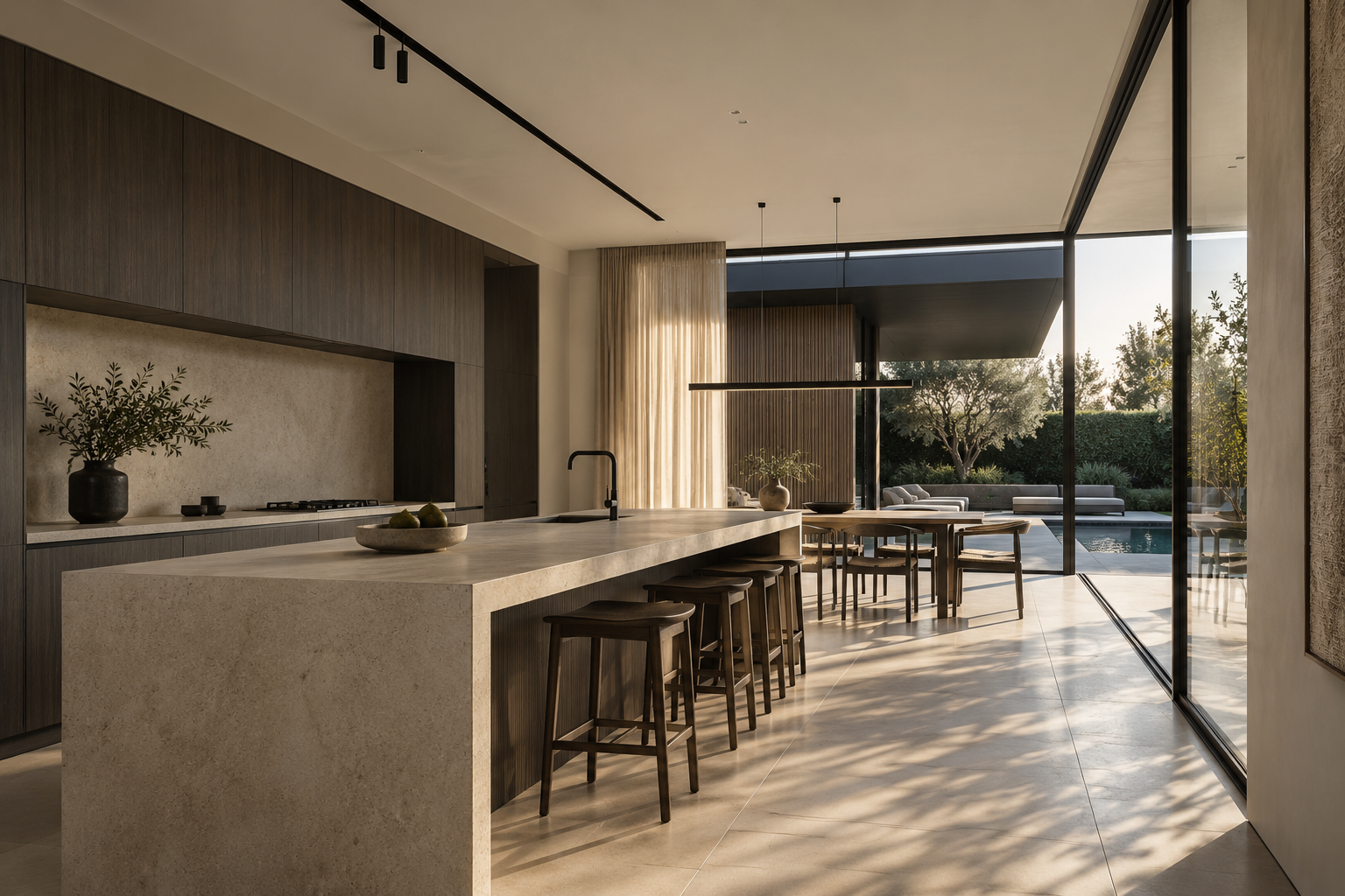 Warm minimalist kitchen opening onto the pool courtyard