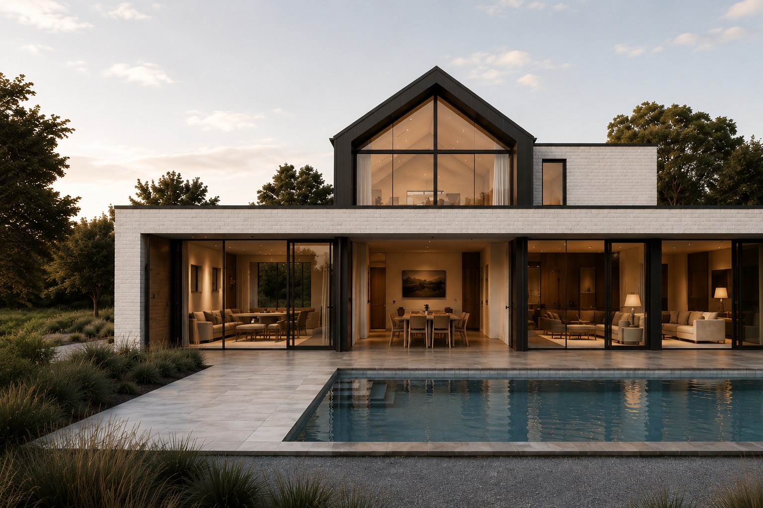 Oxford Estate pool elevation at golden hour